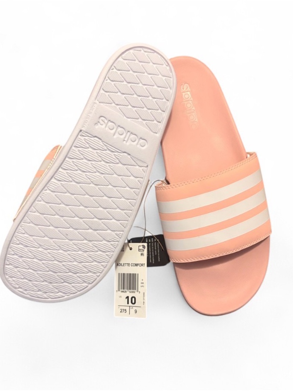 adidas Kids Pink Peach Slide Sandals with White Stripes